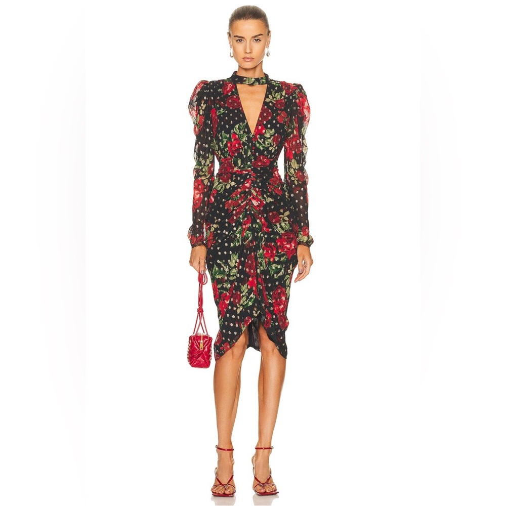 NEW! Rocco Sand x Revolve Rosie Black w Red Roses Floral Midi Dress Small